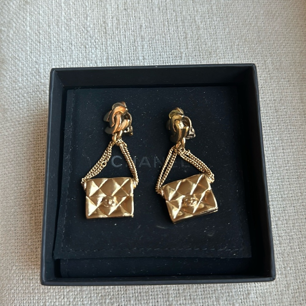 Chanel Gold Bag Motif Clip-on Earrings Golden